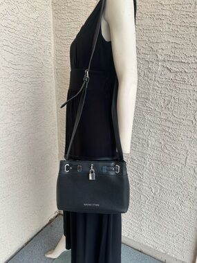 Adrienne Vittadini Black Pebbled Leather Crossbody with Silver Lock